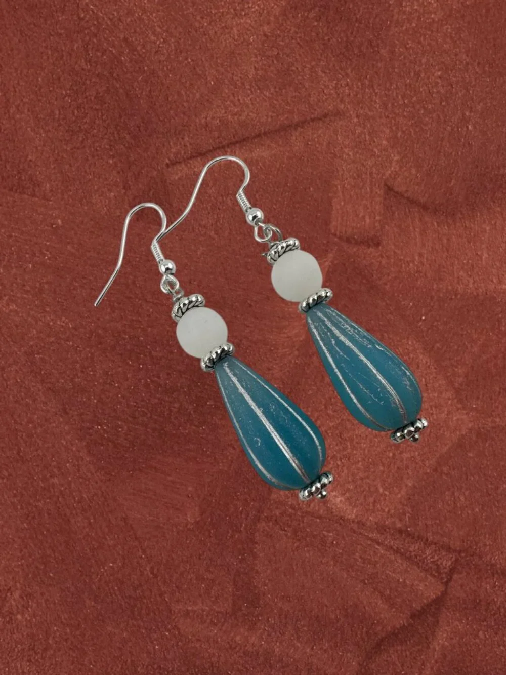 Blue Czech Glass Teardrop Earrings White Jade 925 Sterling Silver Coastal Boho
